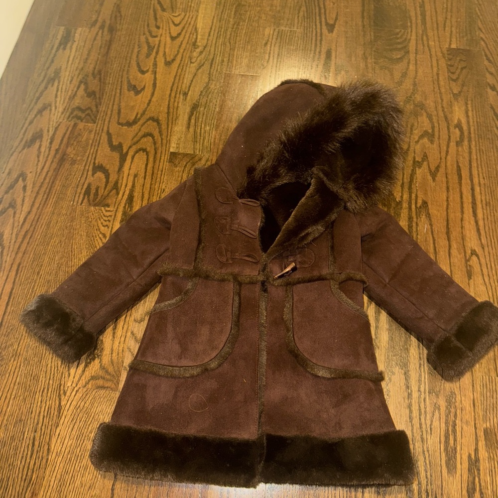 GAP Chocolate Brown Kids suede like material with Faux Fur trim